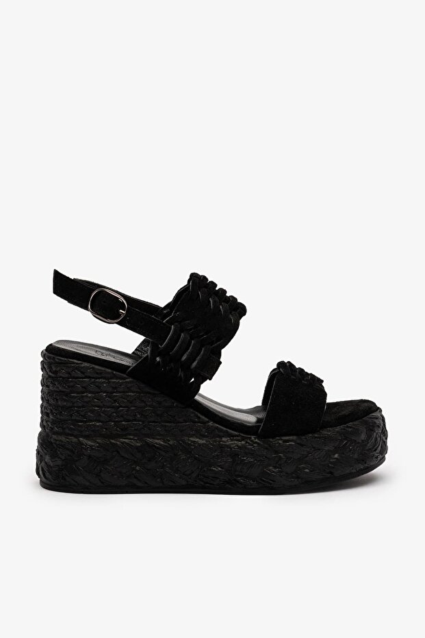 Renee Black Suede Leather Women Wedge Heel Sandals