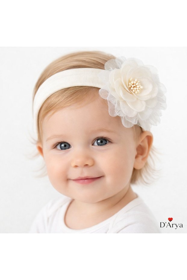 D’Arya Cream Ecru Tulle Floral Pearl Look Flexible Baby and Girls' Hair Band Kawaii Dd752