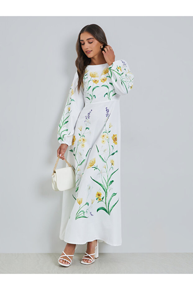 White Floral Print Balloon Sleeves Maxi Dress
