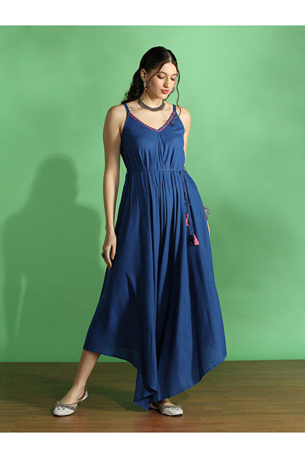 Women Blue Asymmetric Jumpsuit with Waist Tie