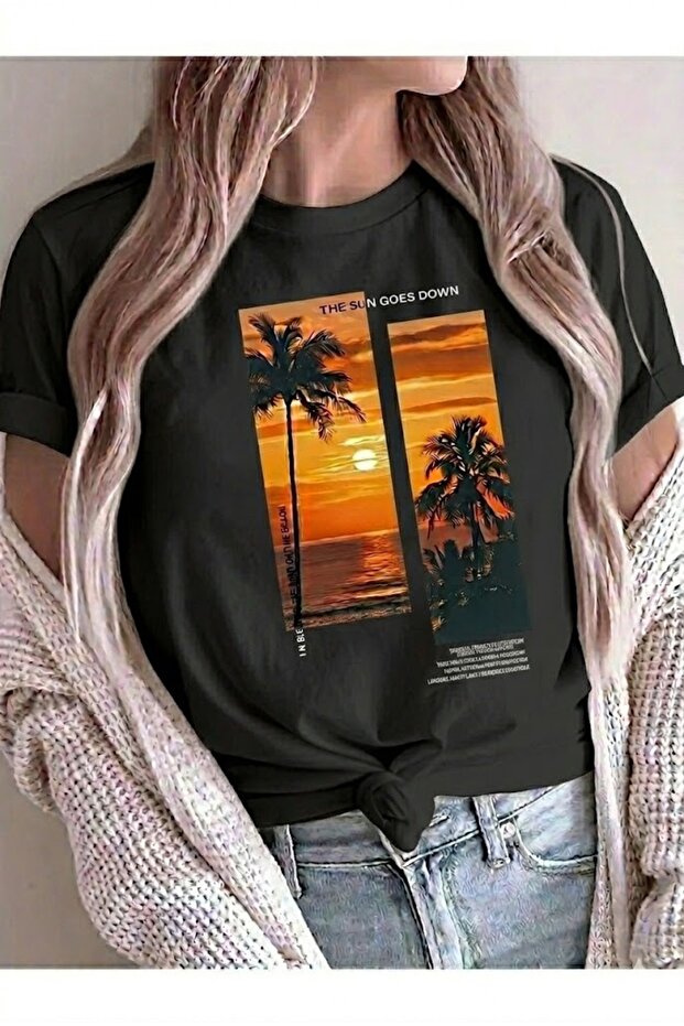 تي شيرت نسائي فضفاض من Sunset مطبوع مقاس كبير