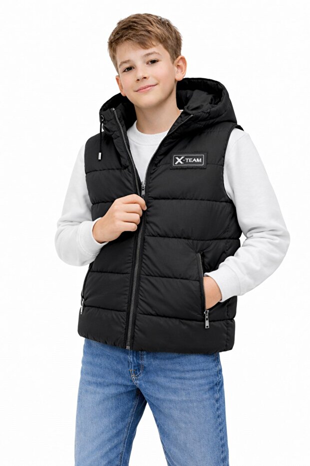 Boy's Nova Fabric Removable Hooded Zipper Pocketed Transitional Puffer Vest