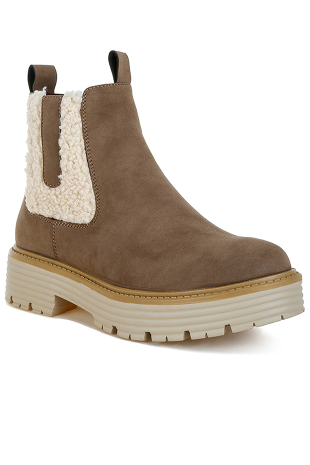Women Faux Fur Detail Chunky Ankle Boots in Taupe