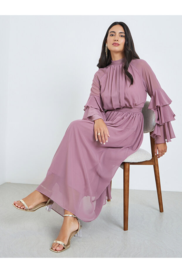 Pink High Neck Maxi Dress with Ruffle Sleeves