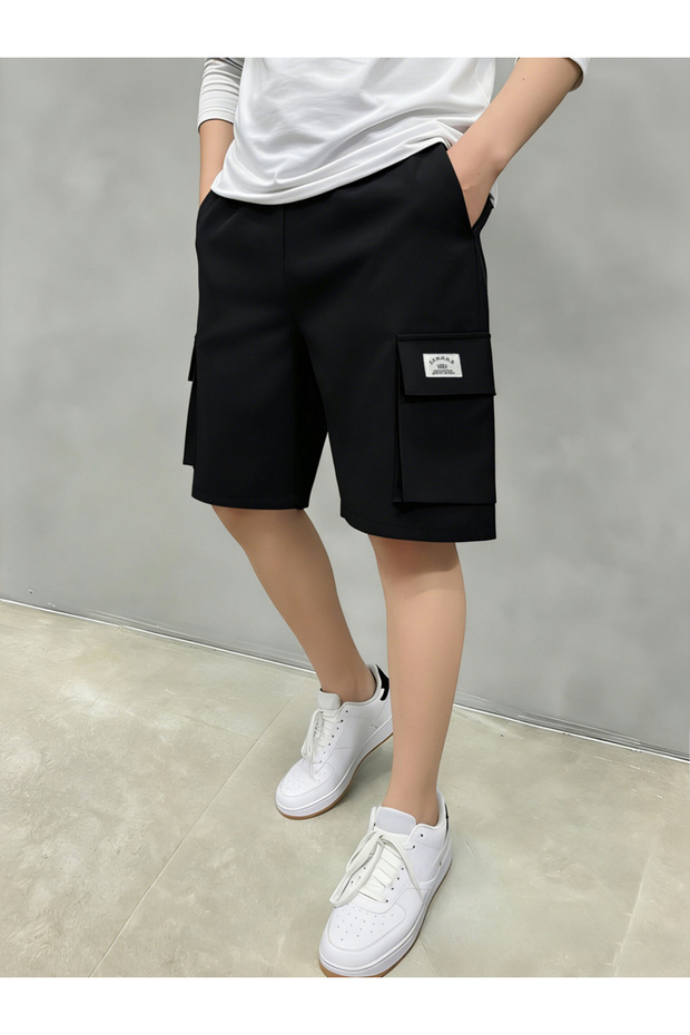 شورت رجالي أسود سادة متعدد الجيوب - 2