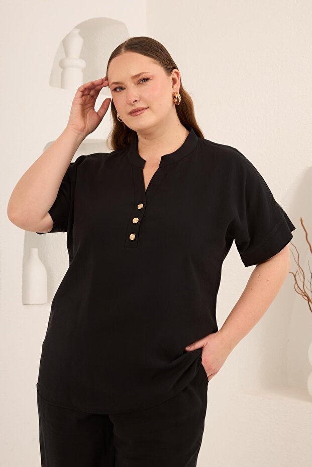 Front Button Plus Size Modal Blouse Black - 2