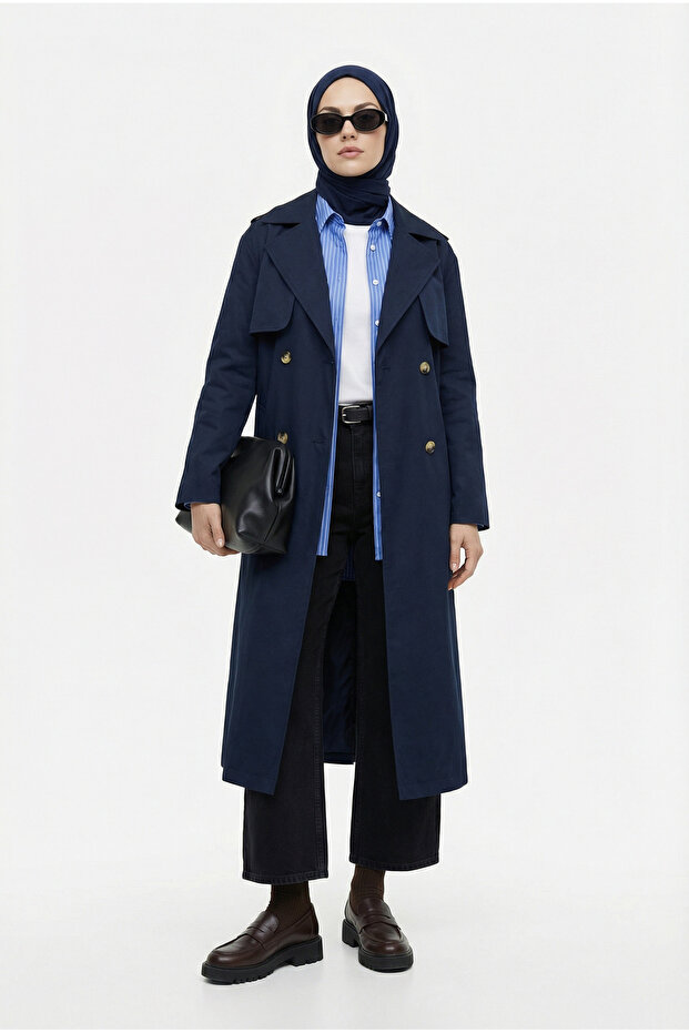 Waist Belted Allerli Trench Coat Navy Blue 26Yt706