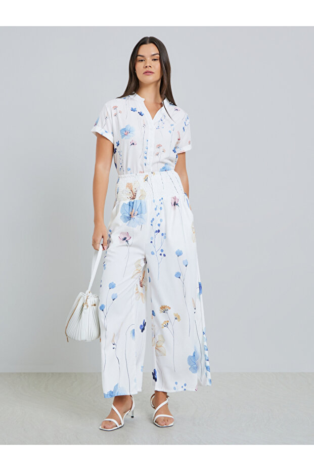 White Floral Print Wide Leg Trousers