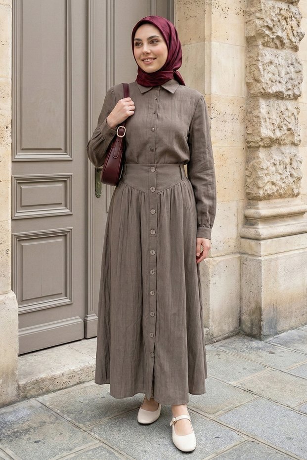 Buttoned Skirt Shirted Taupe Two-Piece Set