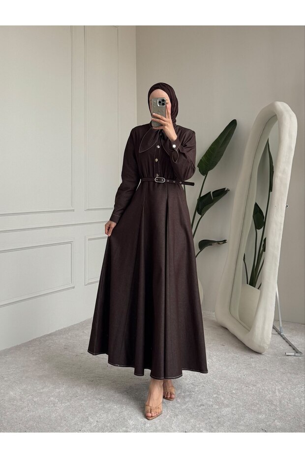 Women's Scarf-Tied Belted Slim Denim Dress-Hijab Dress