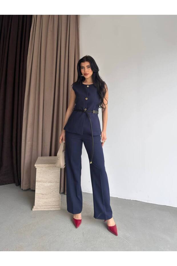Premium Leather Belt Detail Gold Buttoned Vest - Trousers 2-Piece Set