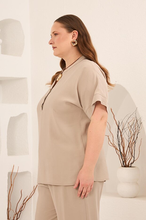 Front Buttoned Plus Size Modal Blouse Cream - 4