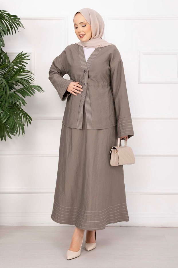 Çizgi Paneled Jacket Skirt Set Mink