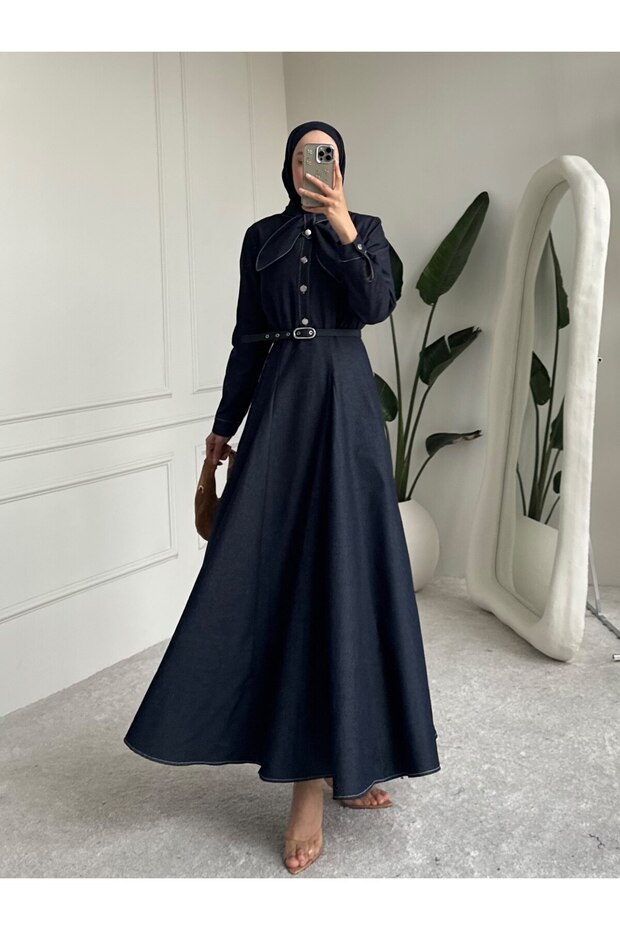 Women's Scarf-Tied Belted Lycra Slim Denim Dress-Hijab Dress