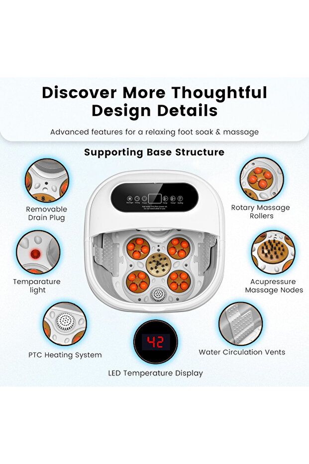 حوض استحمام قابل للطي للقدمين مع خاصية التسخين، وشاشة لمس، وبكرات تدليك، ومؤقت، وفقاعات، وتحكم في درجة الحرارة - 2