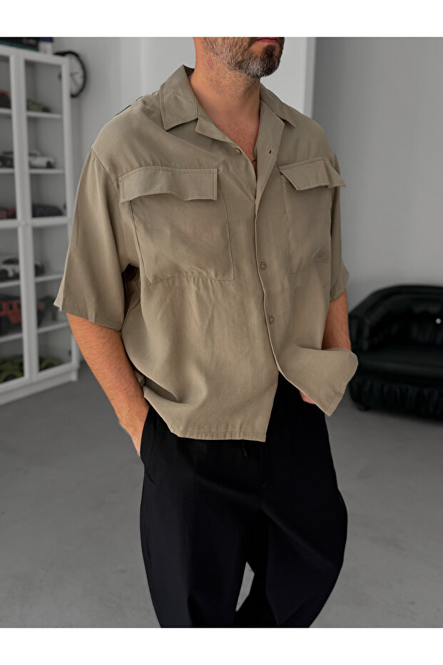 Khaki Double Pocketed Short Sleeve Shirt V-709