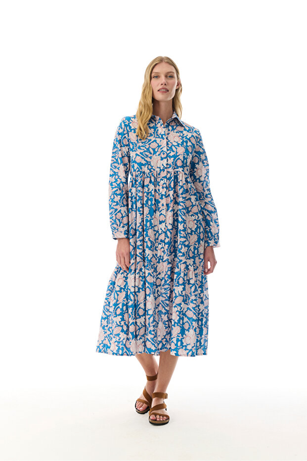 Women's Blue Floral Printed A-Form Long Shirt Dress