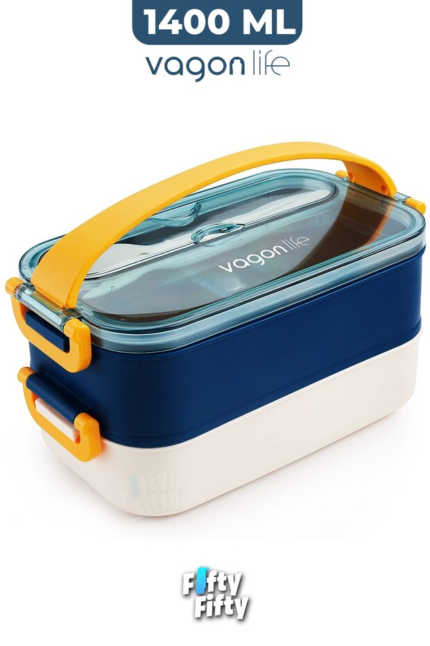 1400 ml Two Layers Three Compartments Stainless Steel Lunch Box New Generation Lunch Box - with Spoon and Fork -1400462