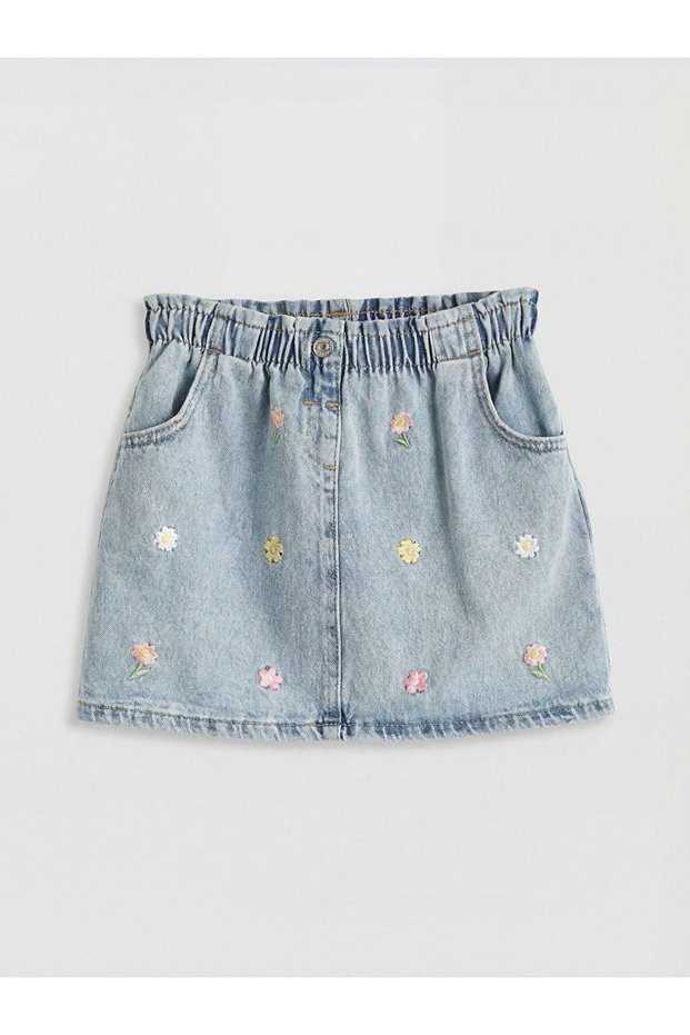 Ermus Global and İndigo Flower Embroidered Elastic Waist Girls' Jean Skirt