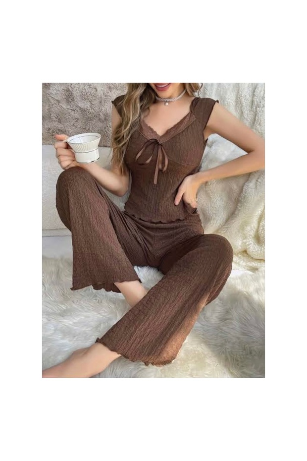Natural Textured Short Sleeve and Wide Leg Pants Pajama Set