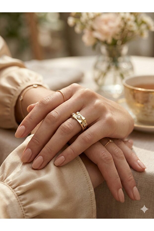 3S Geometric Radiance: Stone-Embellished Gold Steel Design Ring