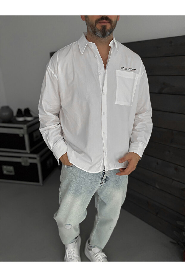 Beyaz Baskılı Oversize Gömlek TW-1057 - 2