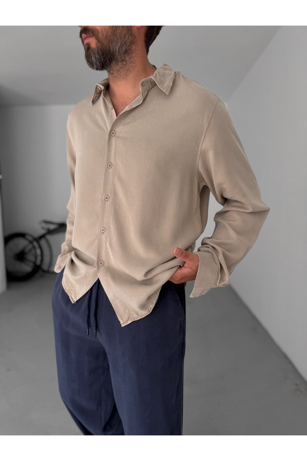 Beige Washed Basic Shirt Yp-5010 - 2