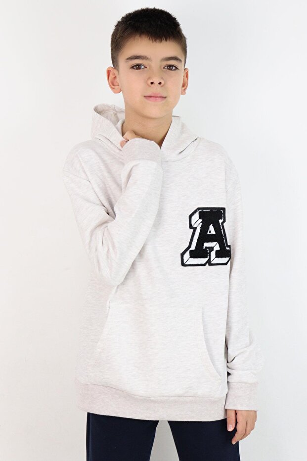 Boy's Sweatshirt with Letter a Embroidery, Ages 9-14, Beige Melange