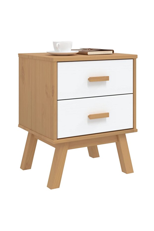 "OLDEN" bedside table, white and brown, solid pine wood - 5