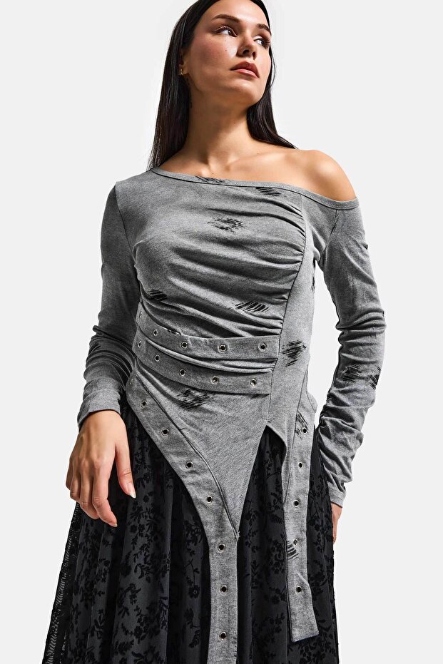 Women's Gray w5 Off-Shoulder Cut-Out Detailed Special Design Blouse