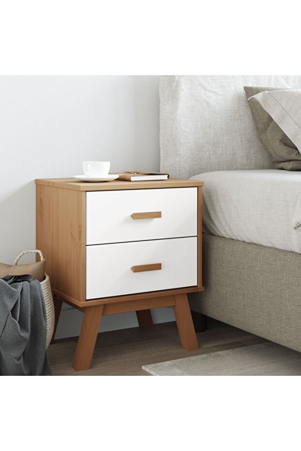 "OLDEN" bedside table, white and brown, solid pine wood - 3