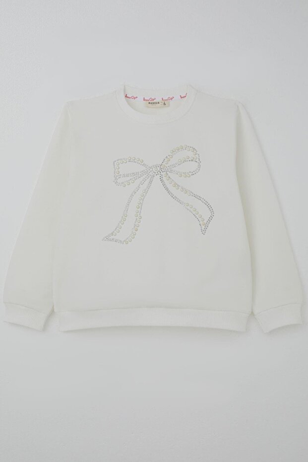 Girl's Sweatshirt with Pearl Stone Embroidery, Ages 7-12, Ecru