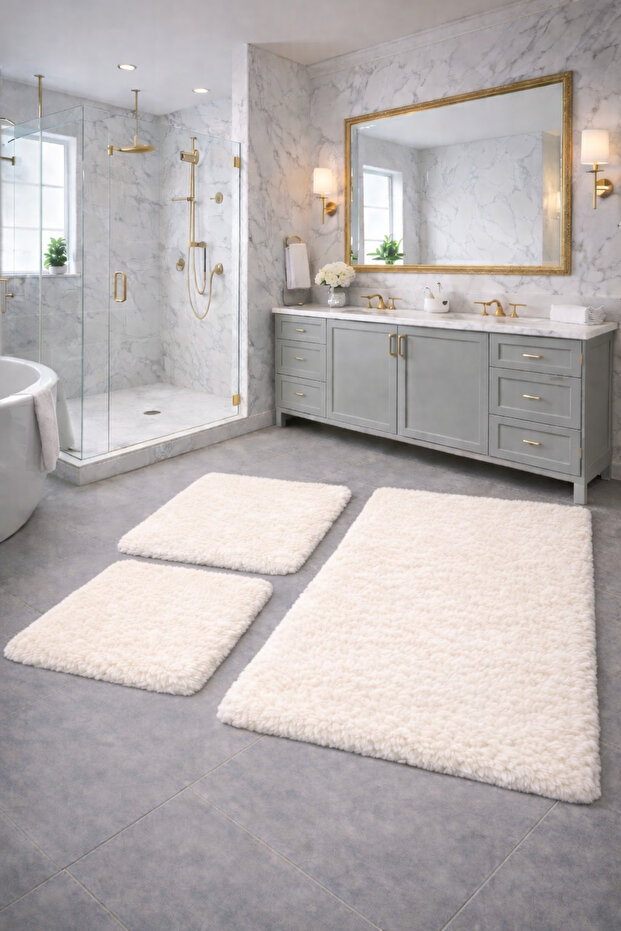 Plush , Pufy , Soft, Non-Slip Sole , Washable , 60X100-60X50-30X40 Cm, 3-Piece Bathroom Set