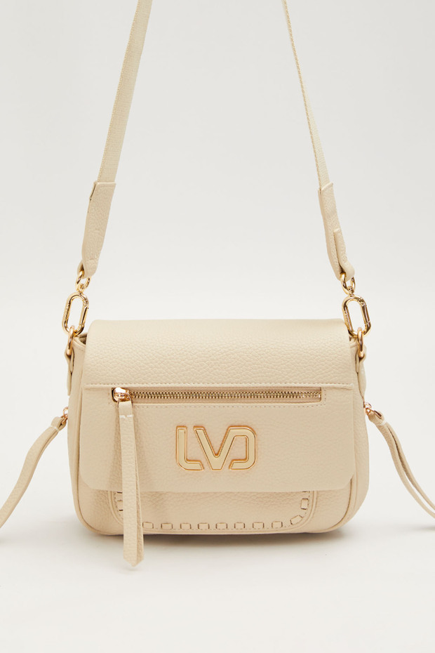 Magnetic Cover, Bellows, Logo, Long Strap, Medium Size, Women's Daily Wear Shoulder Bag Cream