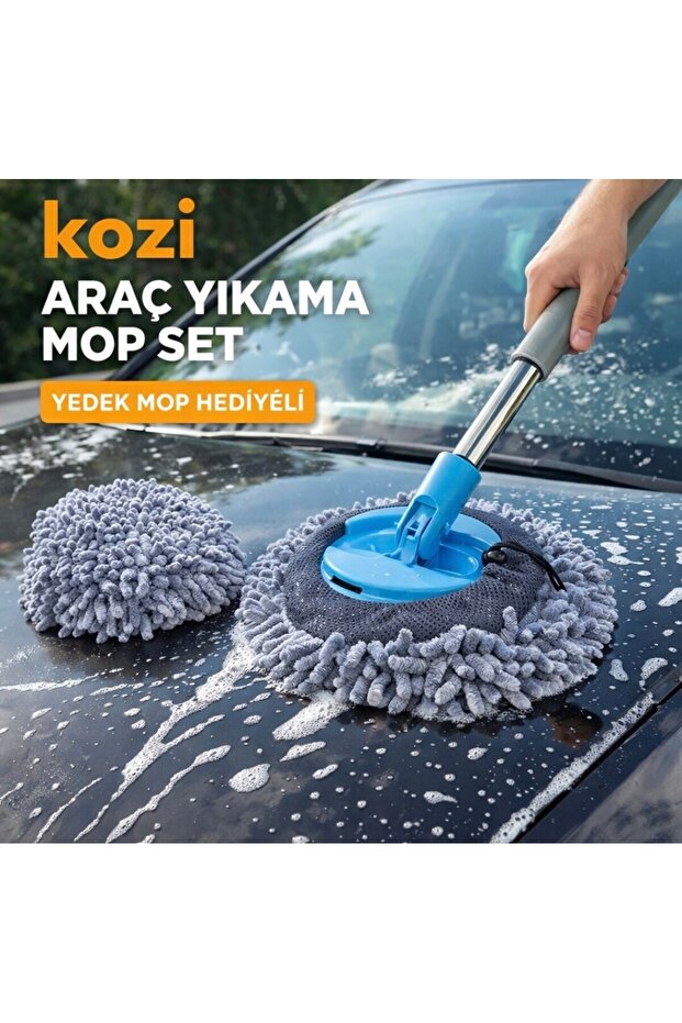 Kozi Araç Yıkama mopu, yedek püskül hediyeli, 135cm kırılmaz ,3 parça sap ,makarna mop,