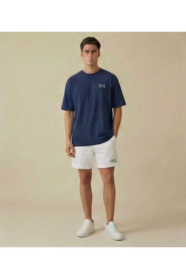 Lıvo Oversized T-Shirt Shorts Set Embroidered Cotton Piece Comfortable Cut Casual Two-Piece Set
