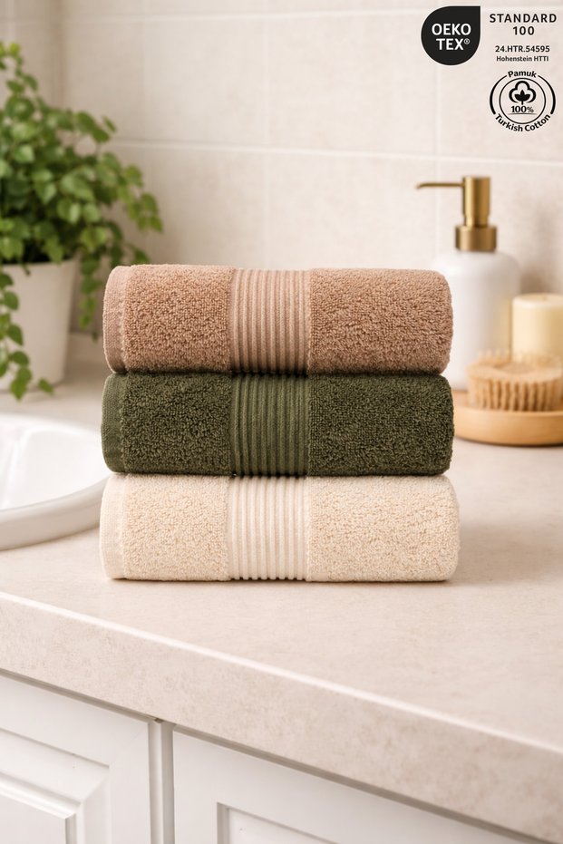3-Piece Hand and Face Towel Set 100% Cotton Certified Bathroom, Kitchen, Dowry Towels 50X90Cm - Beige Green Cream