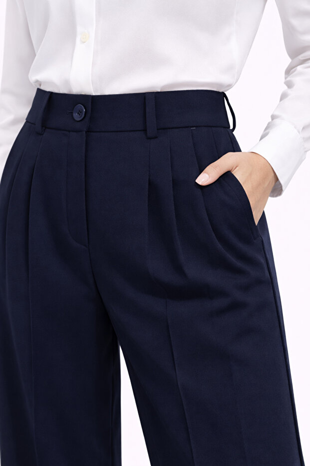 Women's Navy Blue Palazzo Button Closure Gabardine Trousers