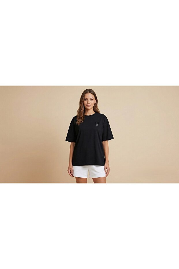 Lıvo Oversized T-Shirt Shorts Set Embroidered Cotton Piece Comfortable Cut Casual Two-Piece Set