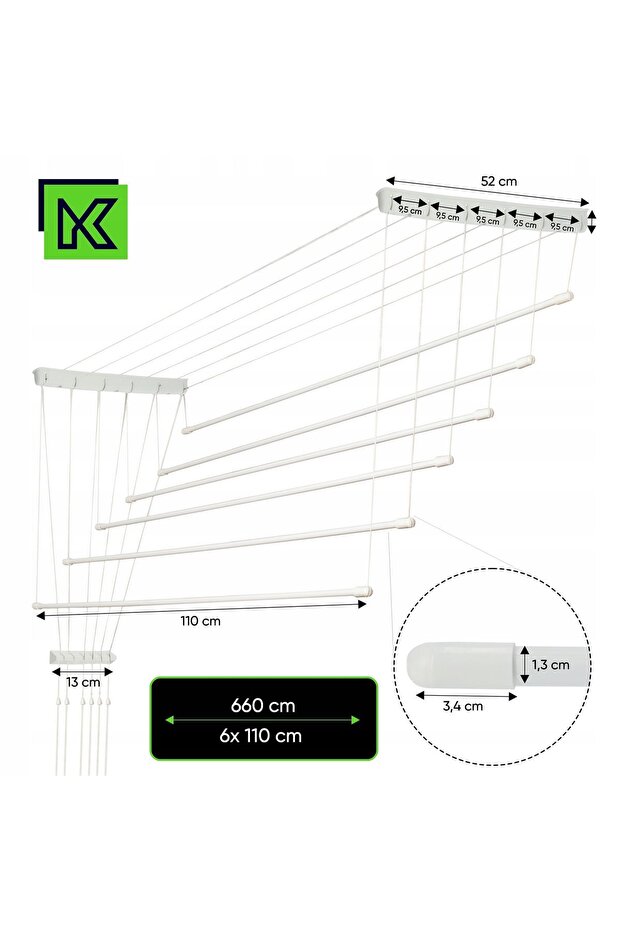 Bathroom Ceiling-Mounted Clothes Dryer 6 Bars 110cm Durable Solid - 3