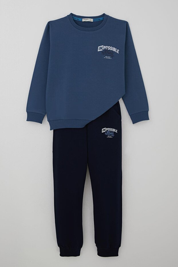Boy's Tracksuit Set with Back Print Detail Pocketed Ages 7-12, Indigo