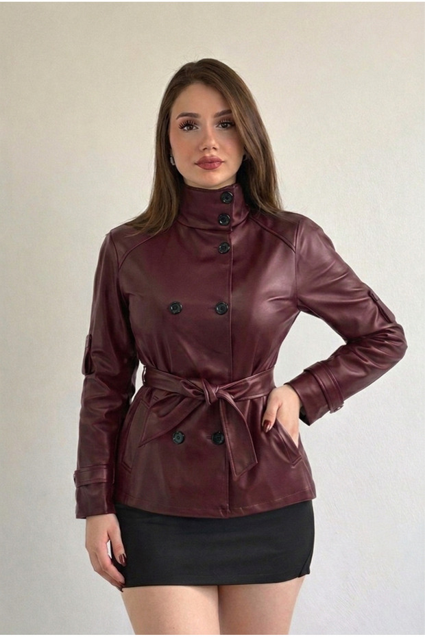 New Season Mock Neck Short Leather Trench Coat
