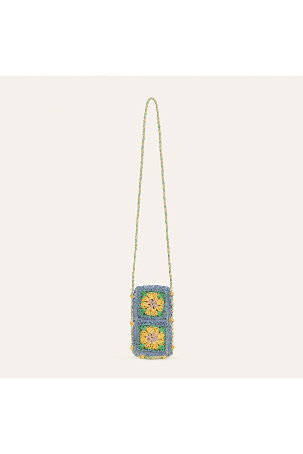 Women's Blue Straw Floral Shoulder Bag