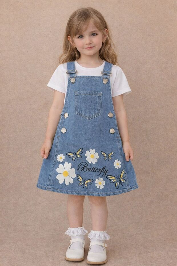 Girl's 3/7 Years Butterfly Printed Jeans Denim Jilet