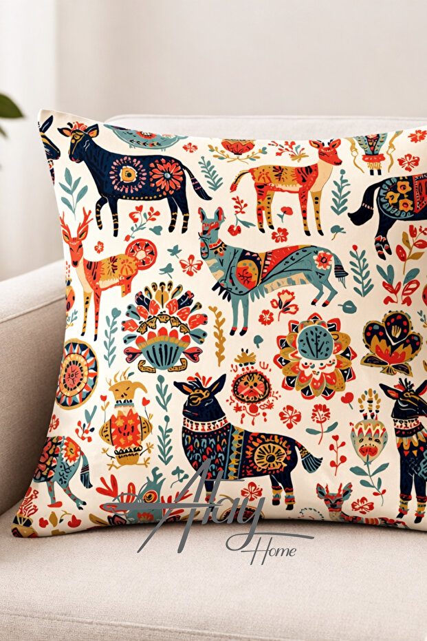 Ethnic Deer Patterned Decorative Throw Pillow Cover Double Sided 43X43 cm – Bohemian Art Design Sofa Cushion Cover