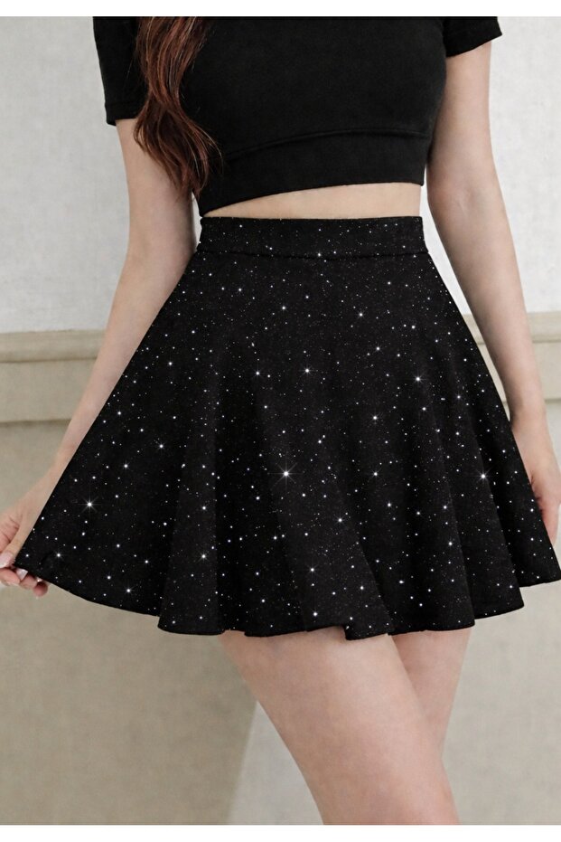 Stone Detailed High-Waisted Stretch Fabric Mini Flared Skirt