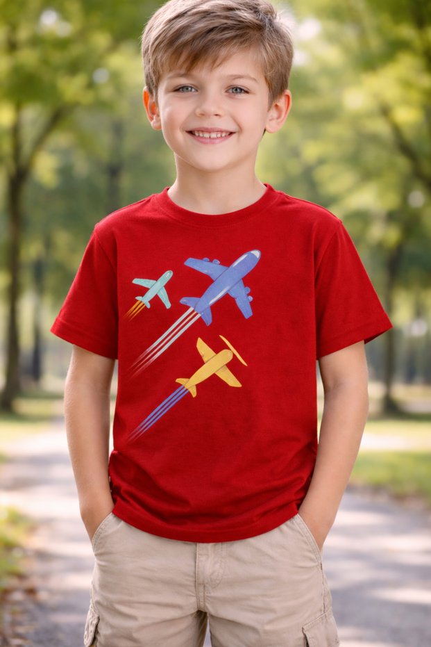 Airplanes Printed Crew Neck Unisex Children's T-Shirt Pack of Cotton