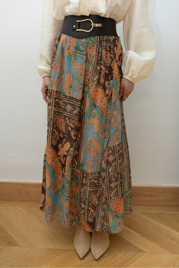 Brown Shawl Patterned Belted Long Skirt with Elastic Waist - 7108