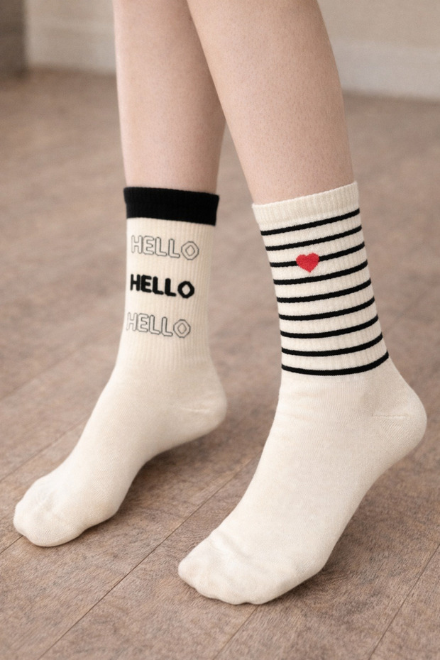 Kalp Hello Desenli 2li Çorap