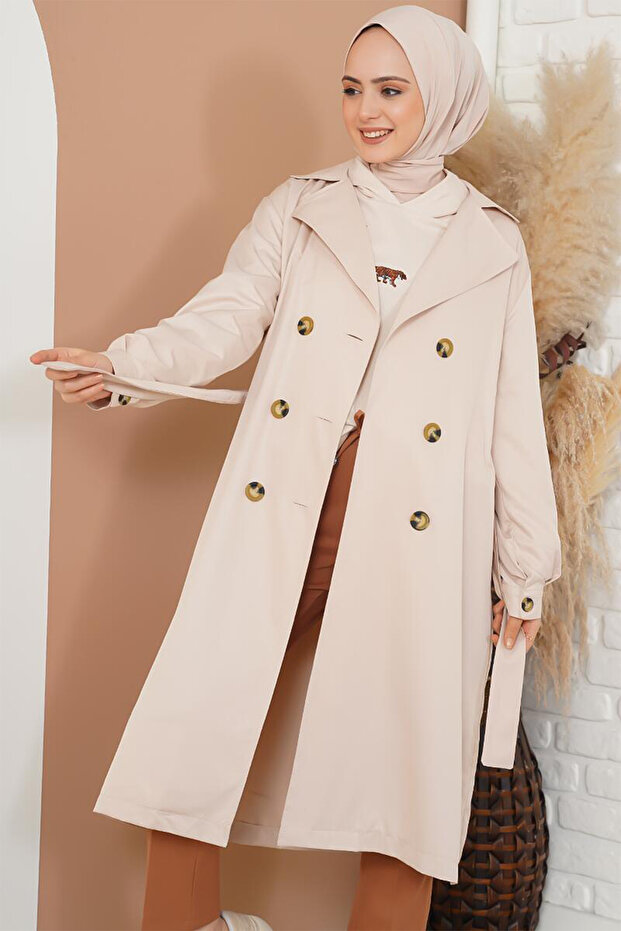 T5853 Double-Breasted Collared Hijab Trench Coat - Beige